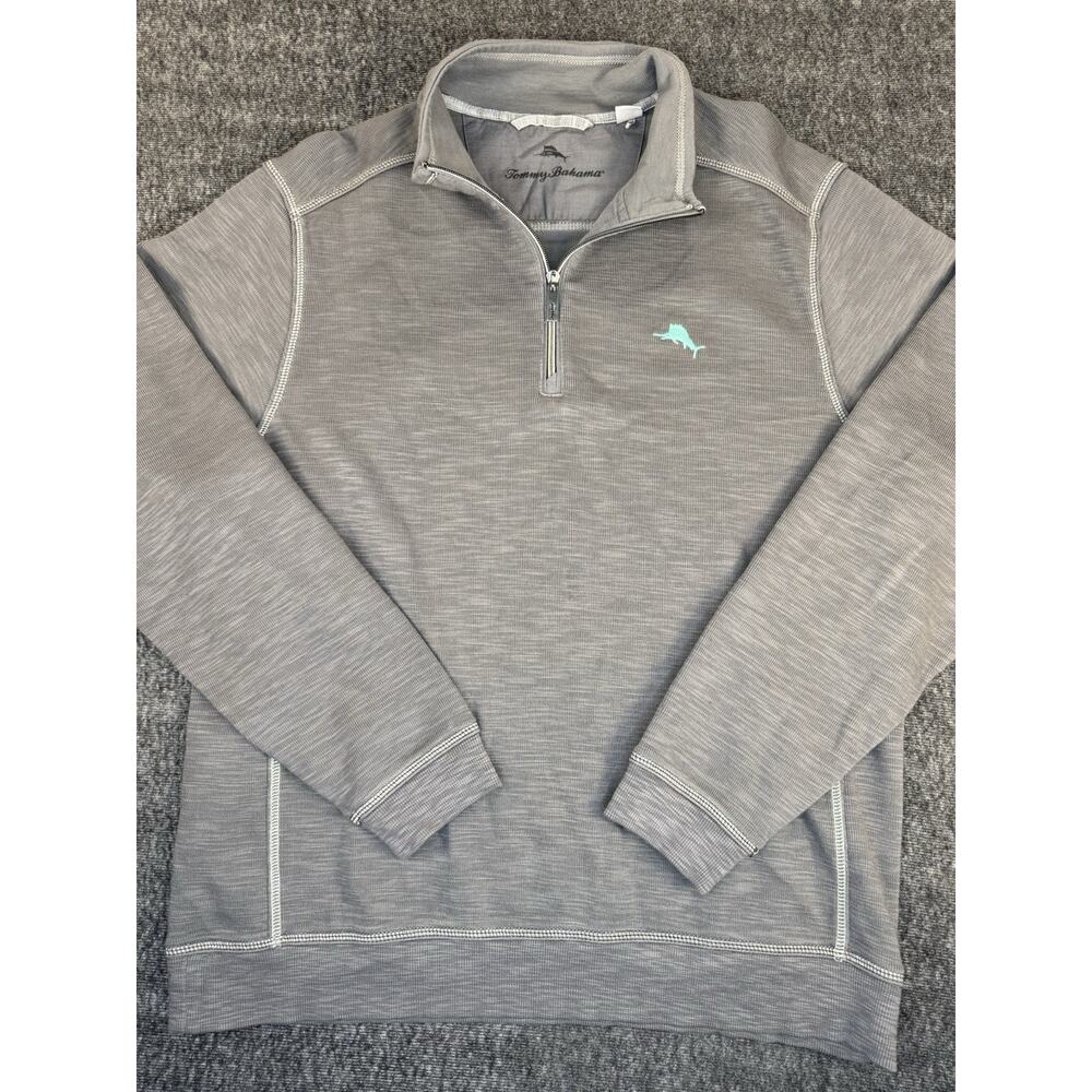 Mens Gray Tobago Bay 1/2 Zip Tommy Bahama Pullover Turquoise Logo Heavy Cotton L